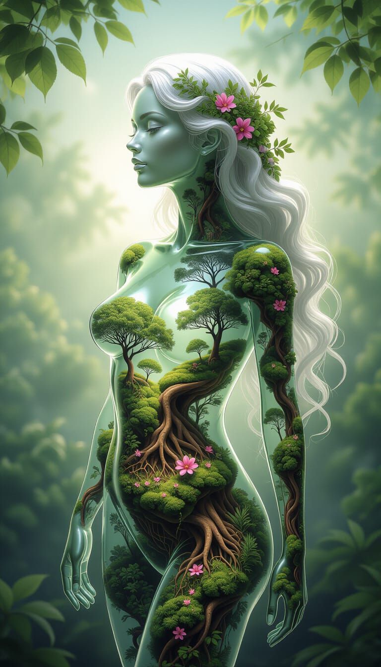 Glass Woman with Internal Ecosystem in 3D Art