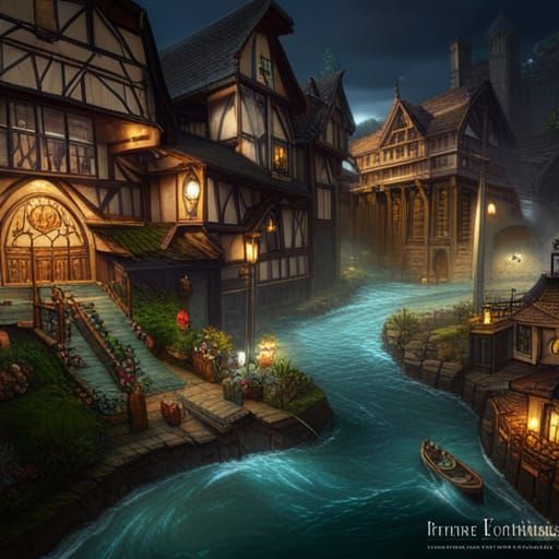 Epic Medieval City on a River, Dark Fantasy Art