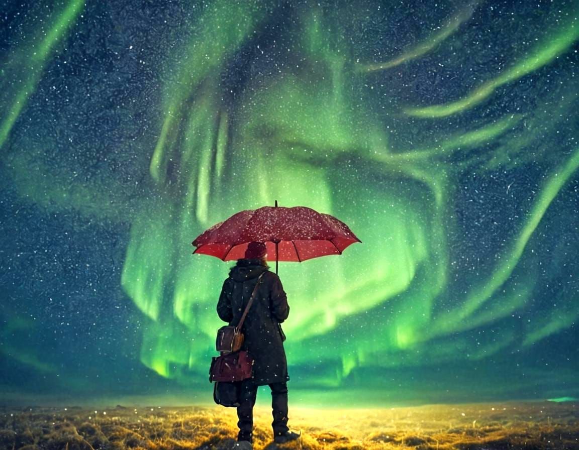 Aurora Borealis: Red Umbrella Under Northern Lights