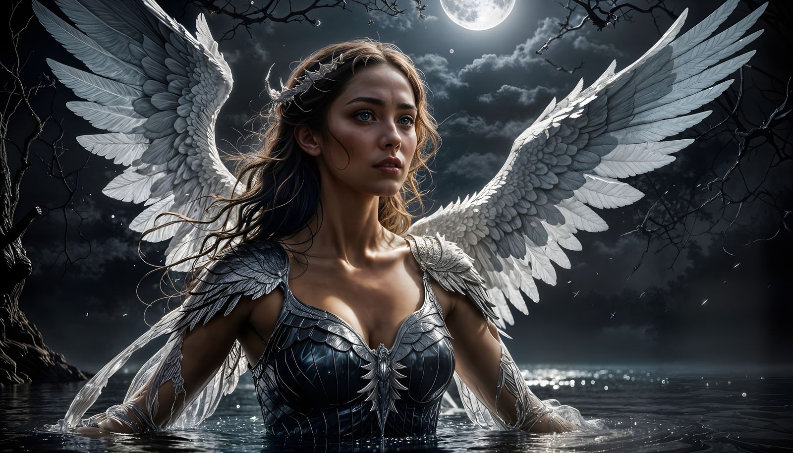 Mysterious Goddess with Epic Wings and Lunar Reflection