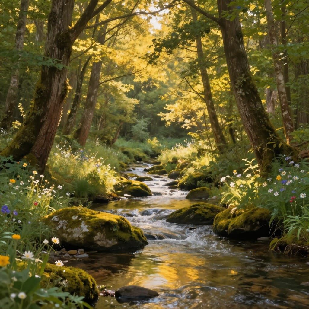 Golden Hour Forest Stream Concept Art