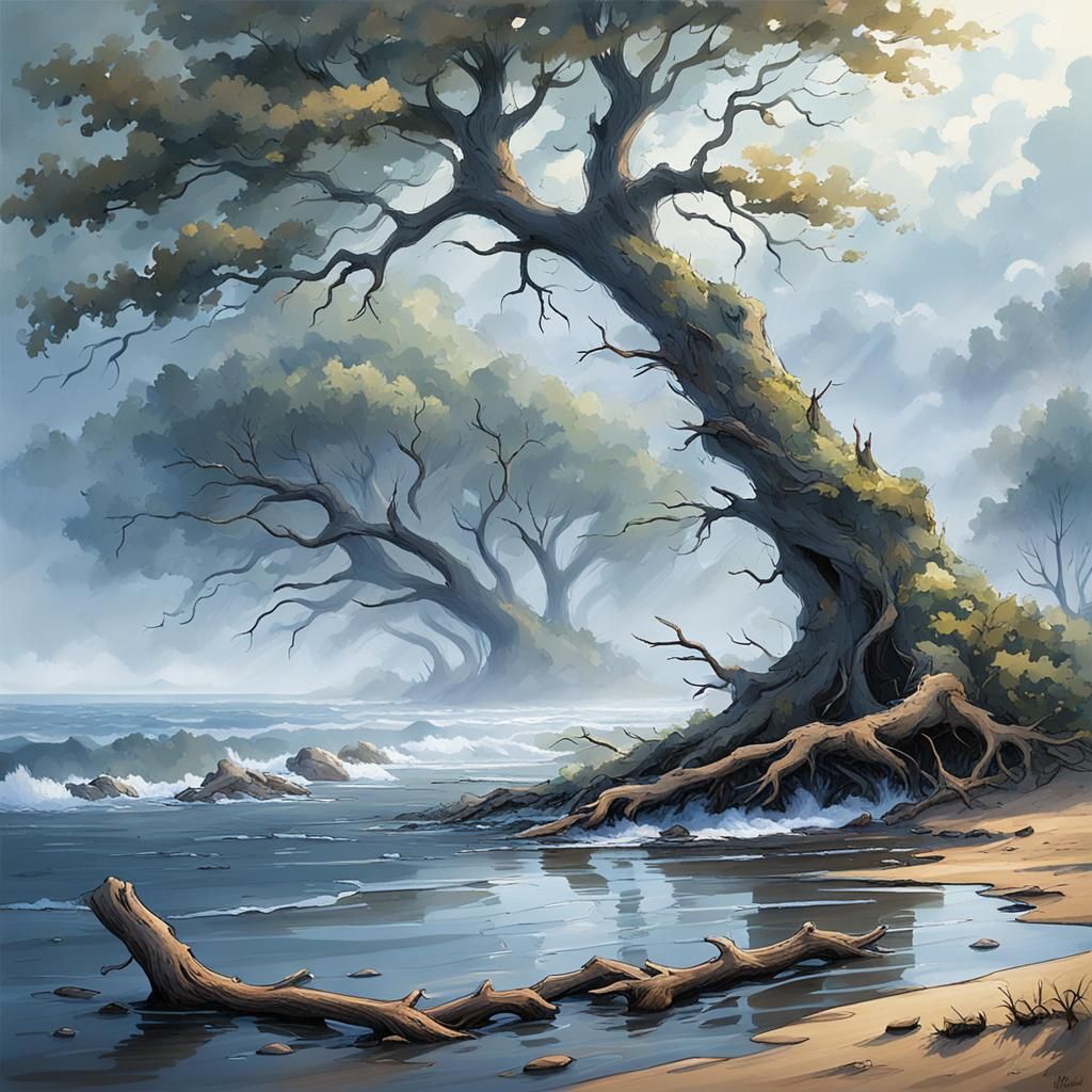 Misty River Mouth on a Stormy Morning