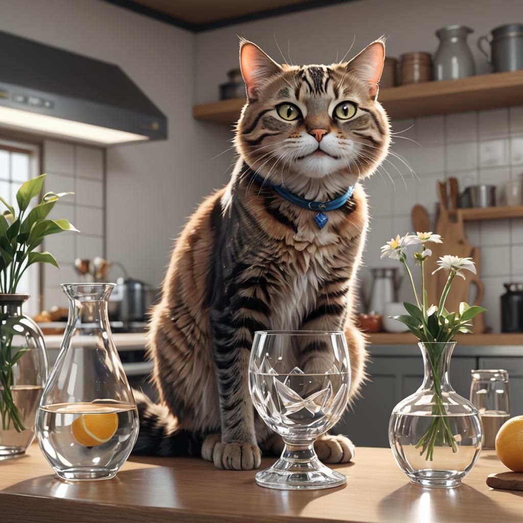 Mischievous Cat Topples Vase: 3D Anime Art