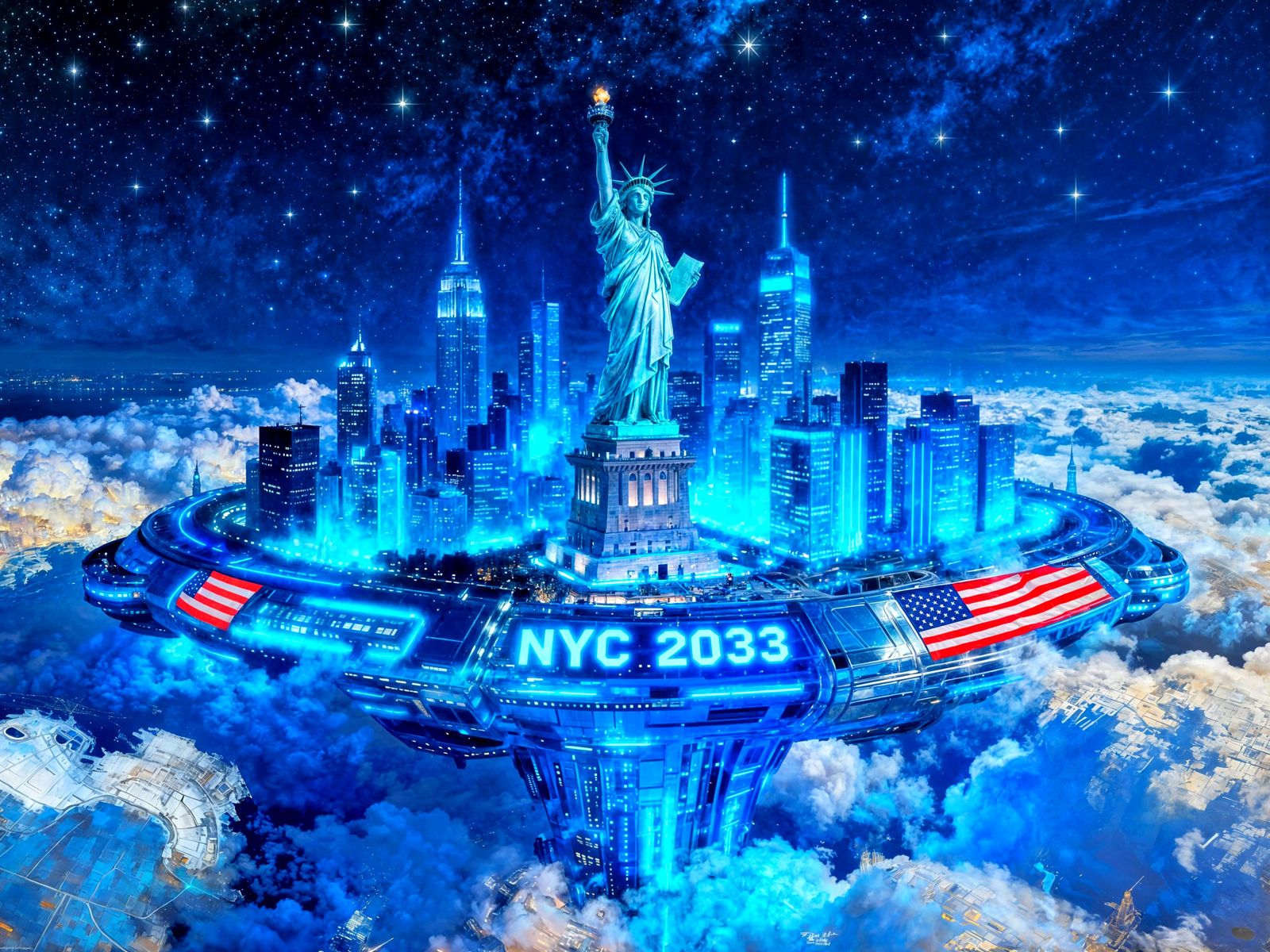 Futuristic Floating Manhattan Island NYC 2033