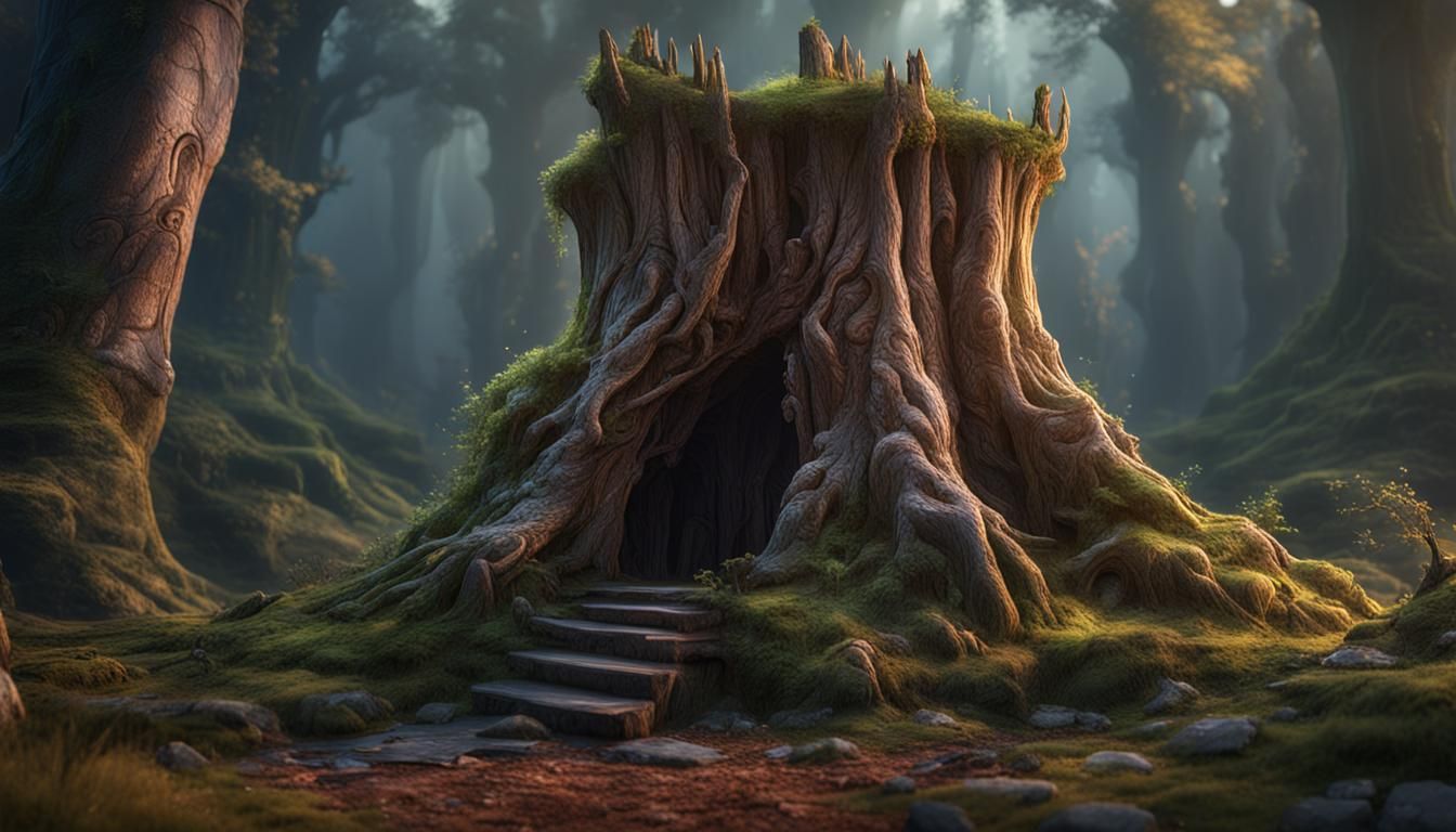 Elf Carved Stump: Detailed Matte Painting