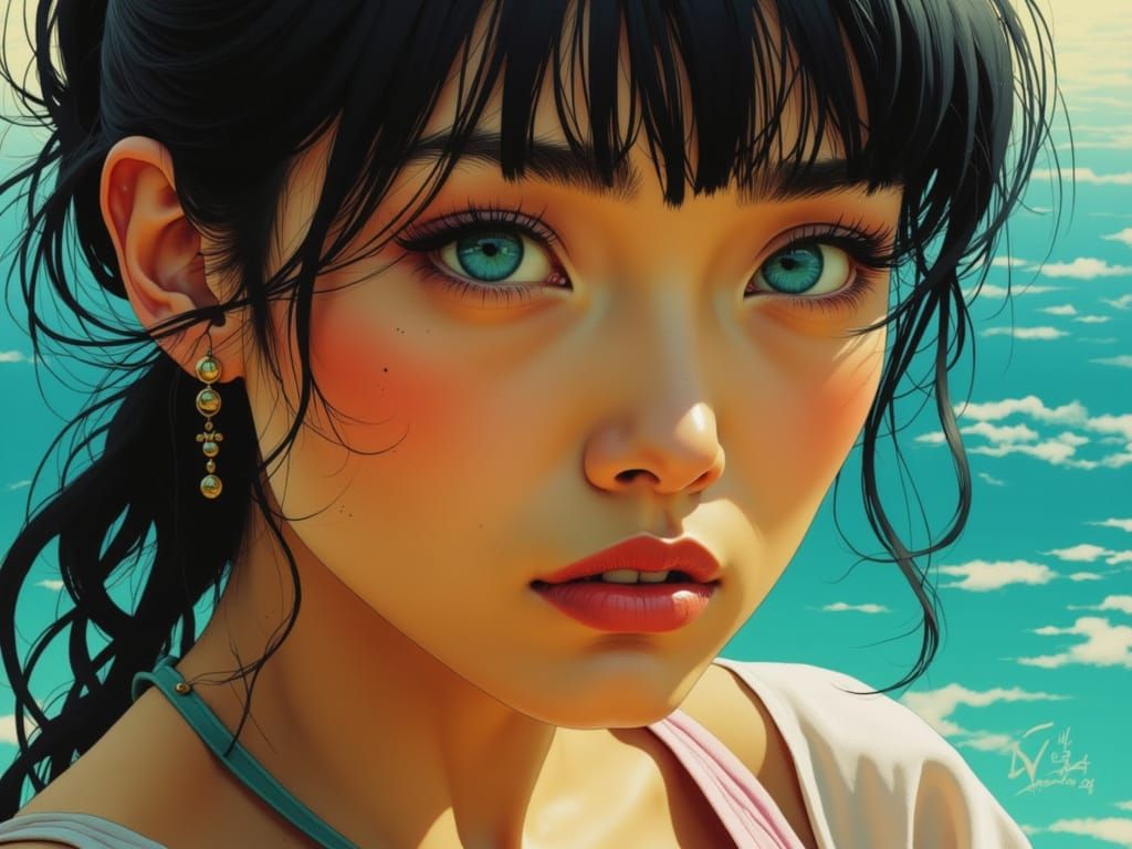 Tattooed Woman with Blue Eyes in Onsen