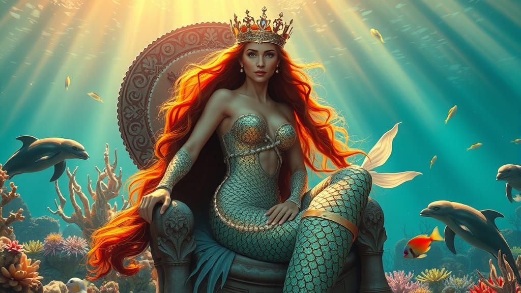 Mermaid Queen on Coral Throne in Underwater Kingdom