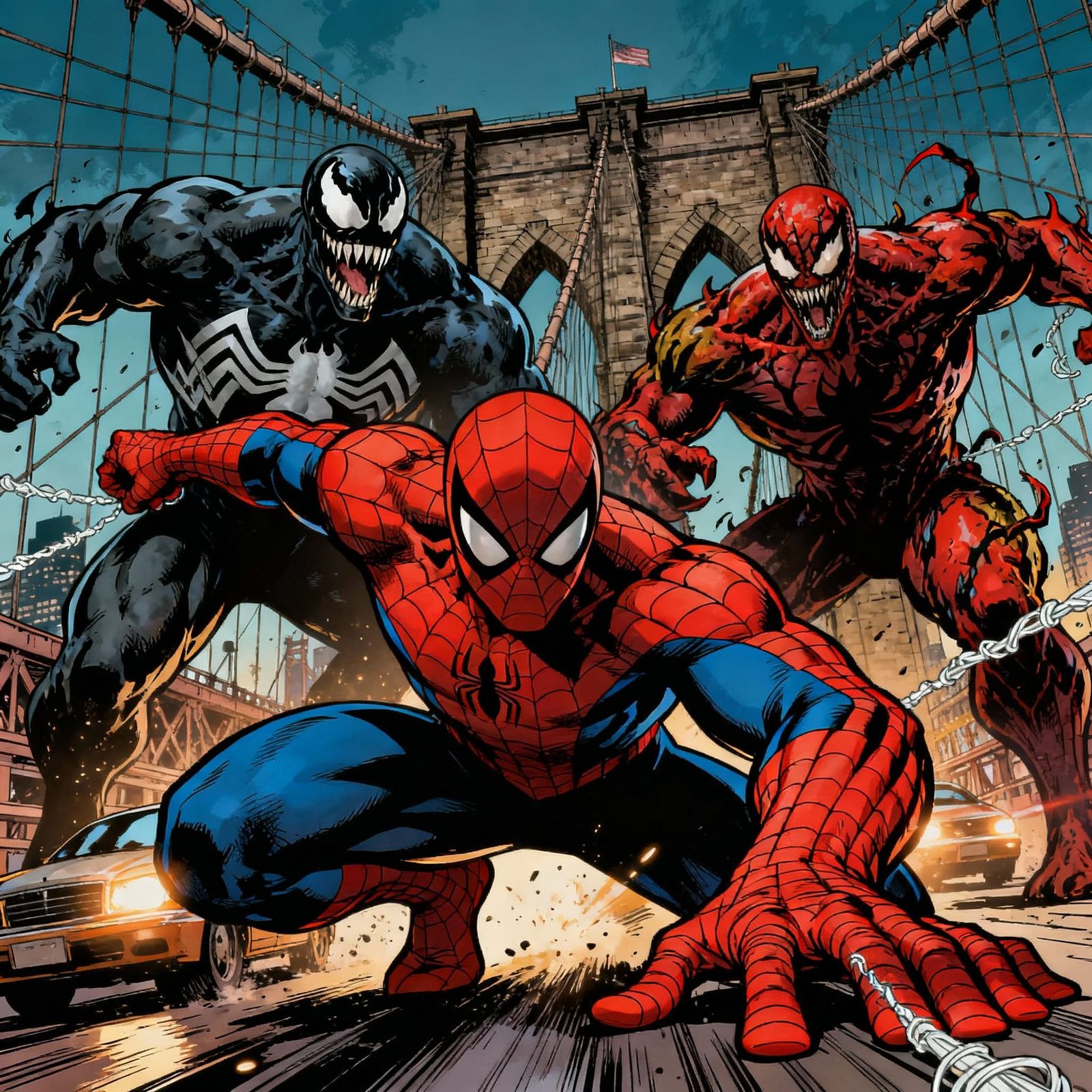Spider-Man Battles Venom and Carnage on Brooklyn Bridge in C...