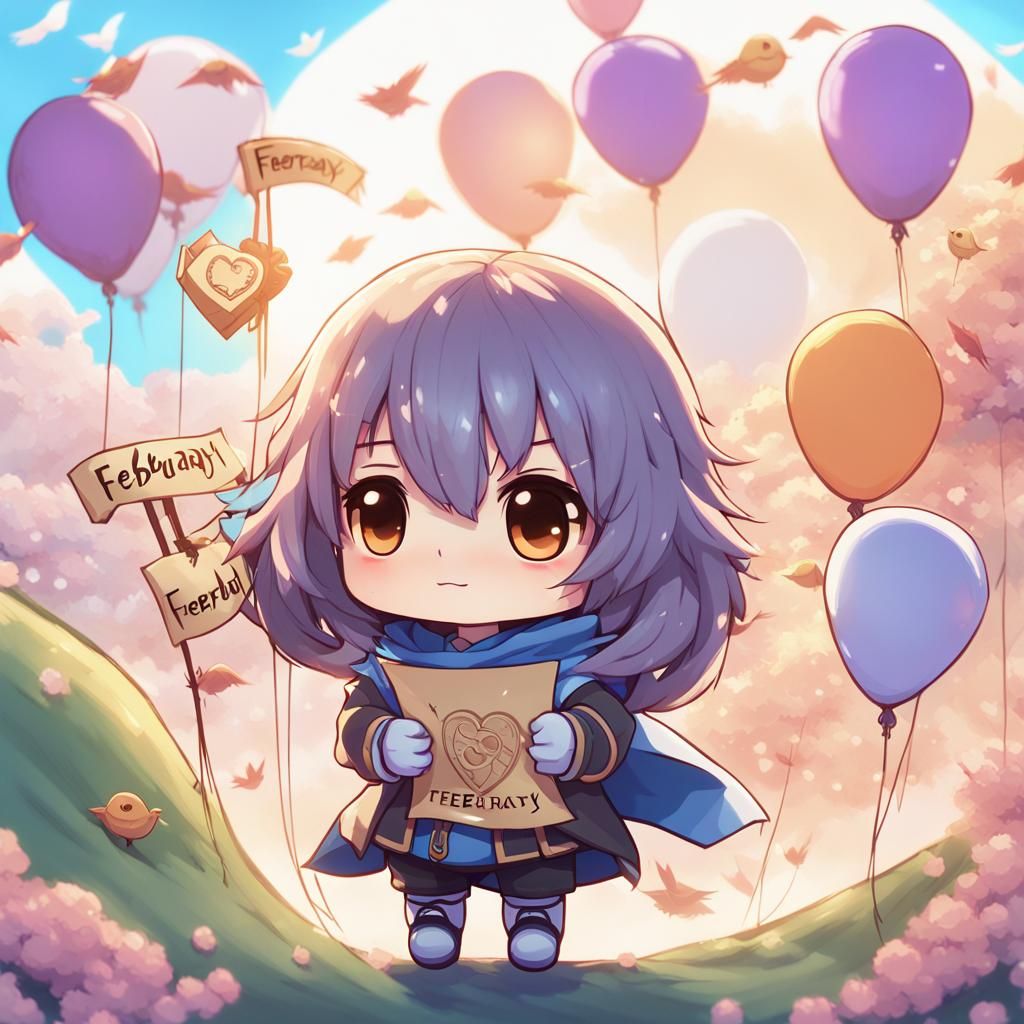 Cute Chibi Character with February Banner in Anime Style