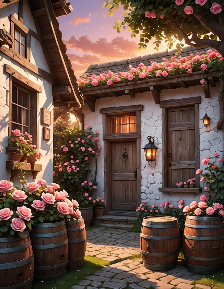 Rustic Cottage with Blooming Roses: Pixar-inspired 3D Art