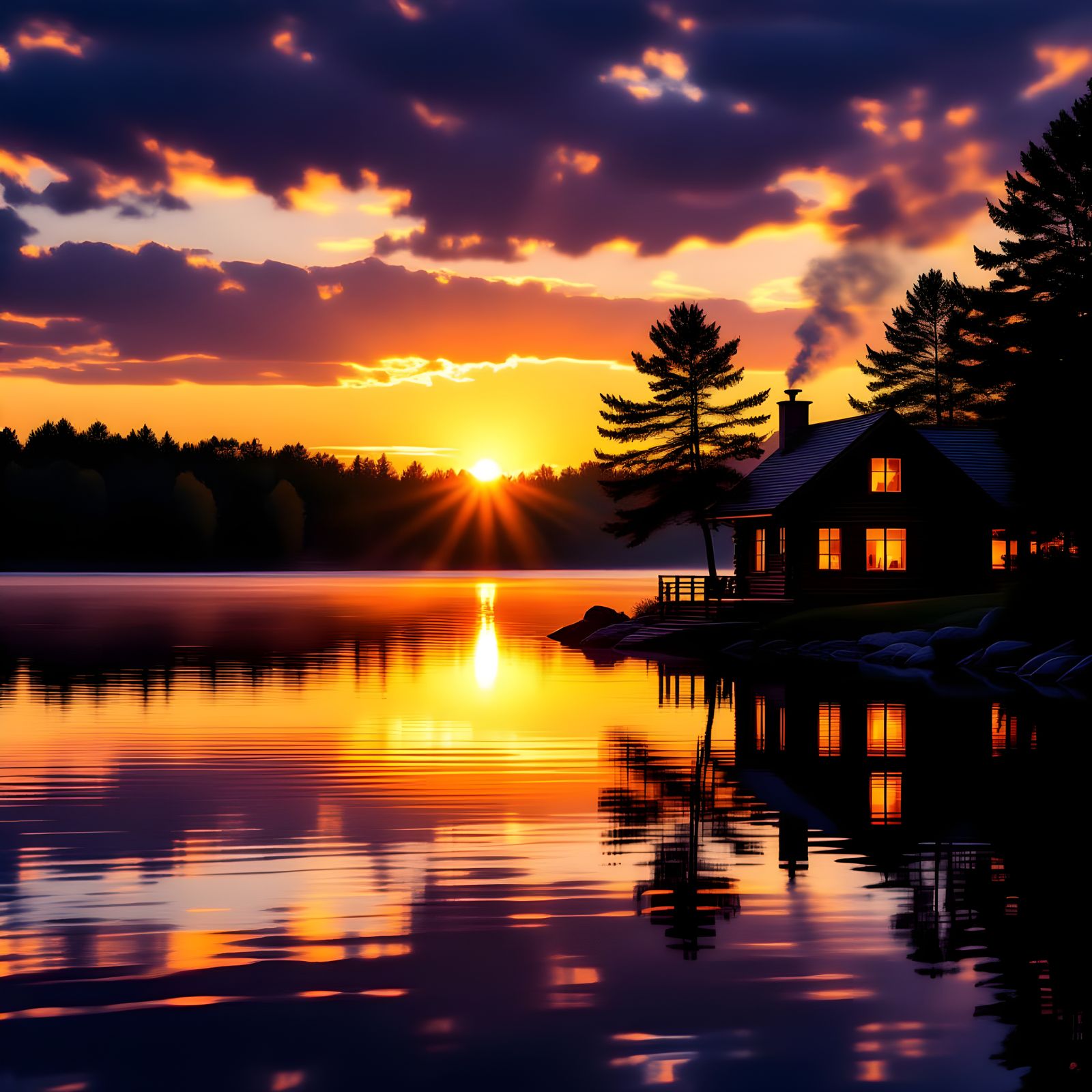 Serene Lakeside Sunset with Cabin and Golden Reflections