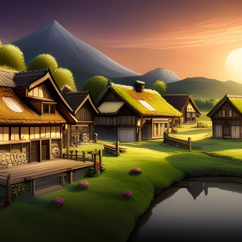Anime Countryside Village with Wooden Houses