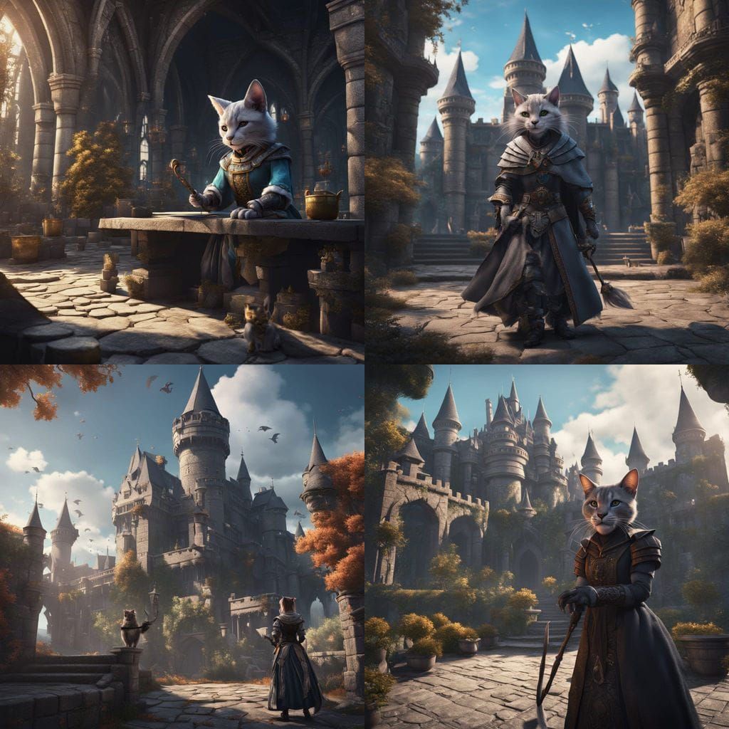 Tabaxi Maid in Fantasy Castle, Detailed Matte Painting