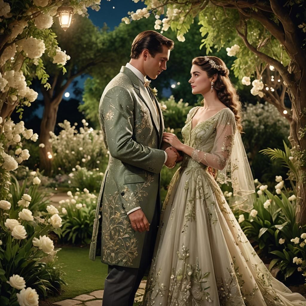 Romantic Reunion in Moonlit Garden, Hollywood Glamour