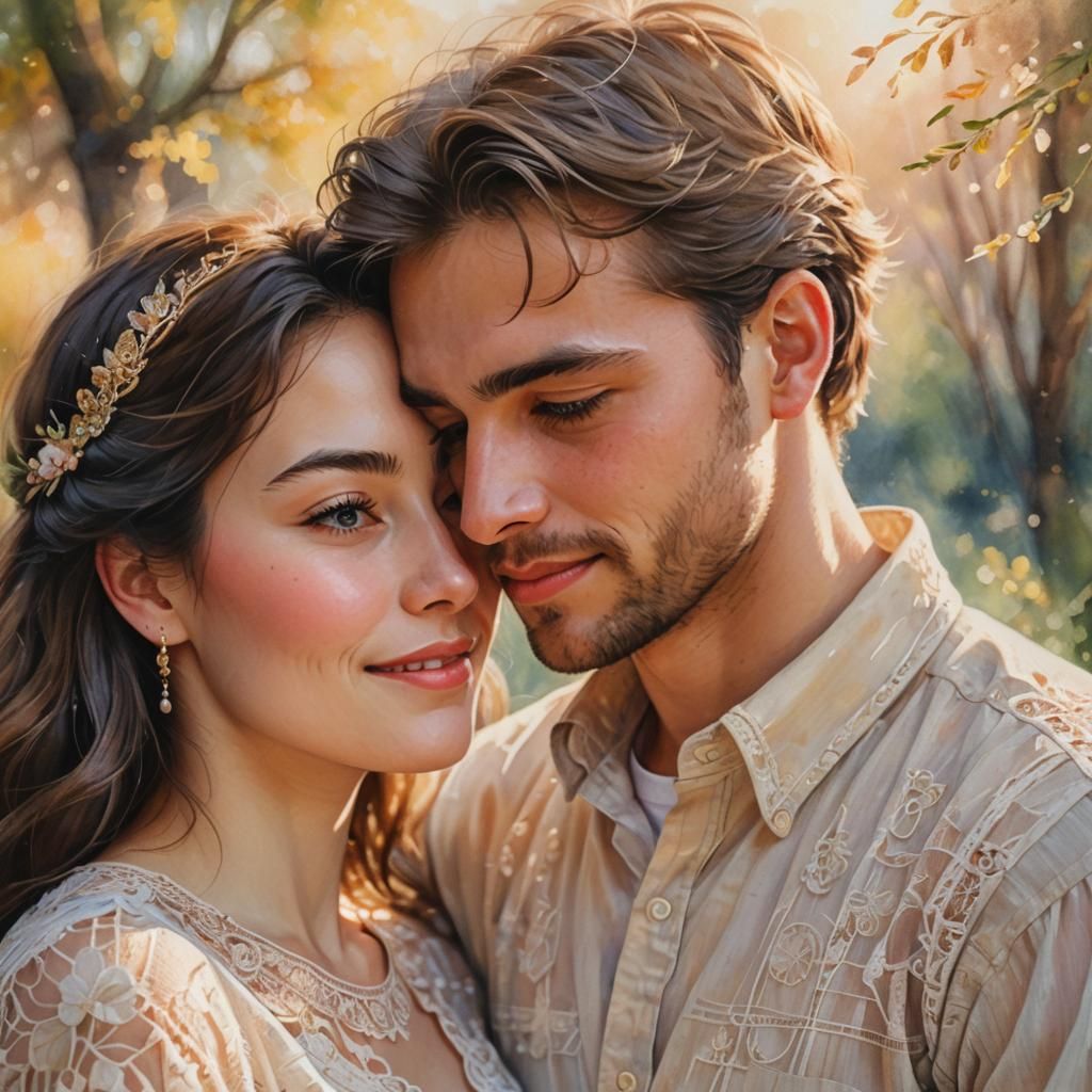 Romantic Portrait of Couple in Watercolor Impressionism Styl...