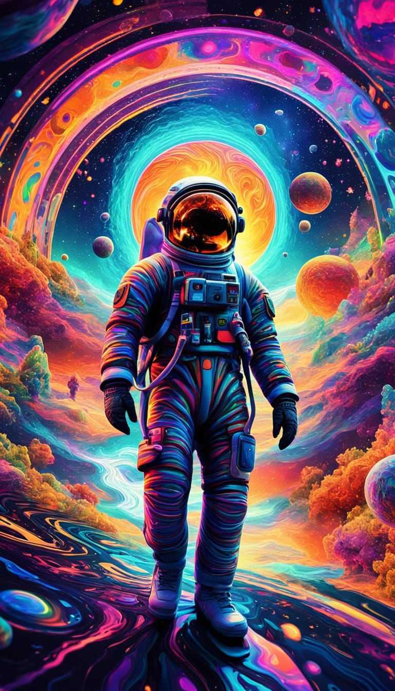 Blacklight poster Psychedelic trippy DMT kaleidoscope astronaut blacklight space mountain landscape, galaxy colorful nat...