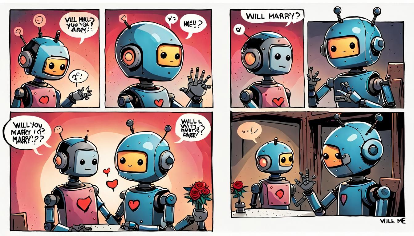 A short comic strip in vibrant acrylic and ink mixed media, depicting a marriage proposal between two cute robots. In th...