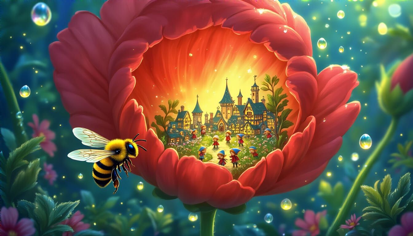Surprised Honeybee Discovers Elven Town in Magical Garden