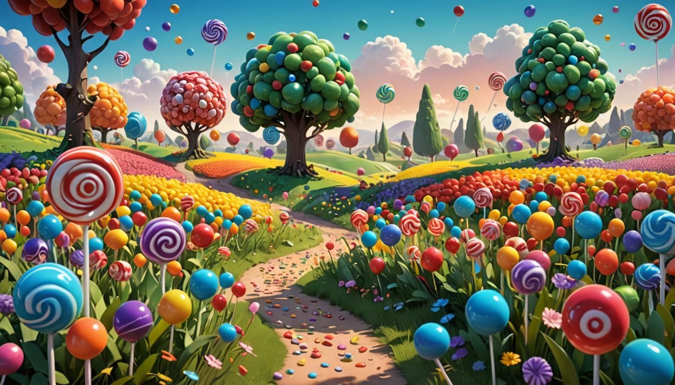 A landscape showing fields filled with colorful lollypops an...