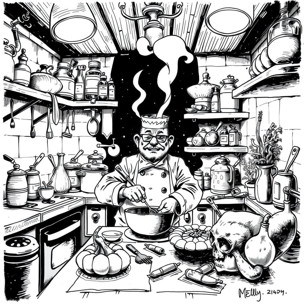 Whimsical Chef's Unconventional Ink Sketch Cooking