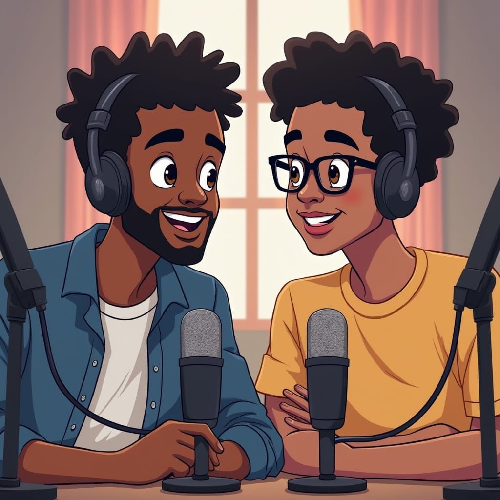 Podcast Duo in Modern Studio, 2D Animation Style