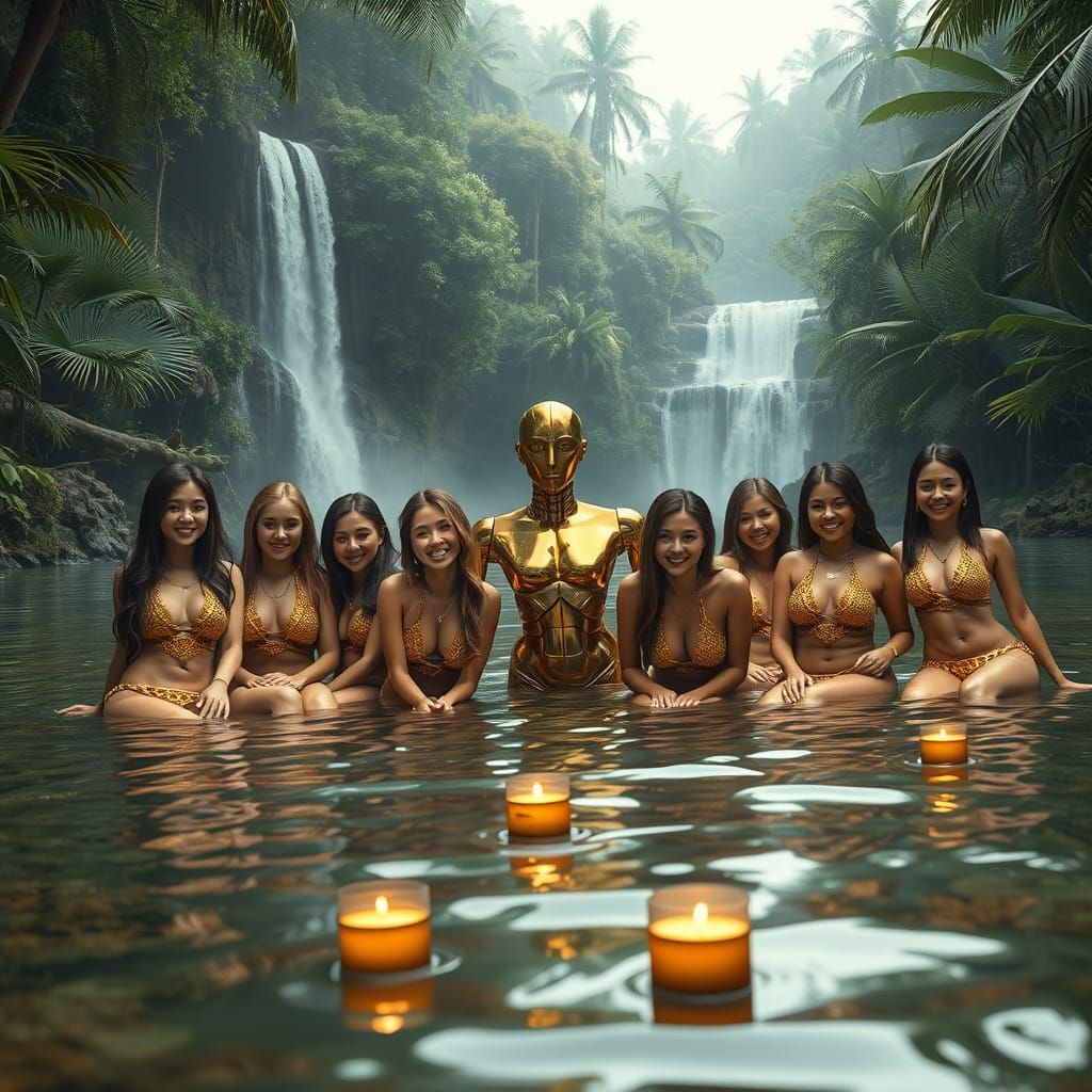 Young Women in Tropical Paradise with Golden Robot and Burni...