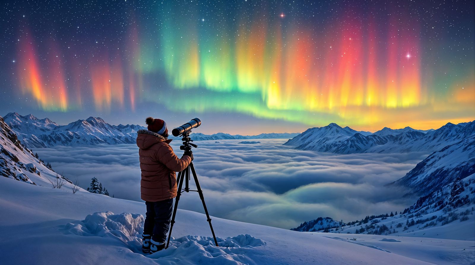 Aurora Over Snowy Mountains at Night