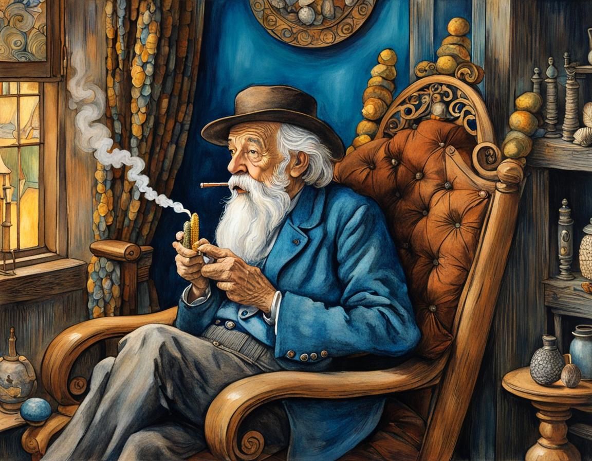 Old man on a rocking chair smoking a corn cob pipe #1