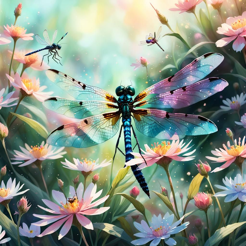 Dragonflies Playing in Flowers Watercolor Painting