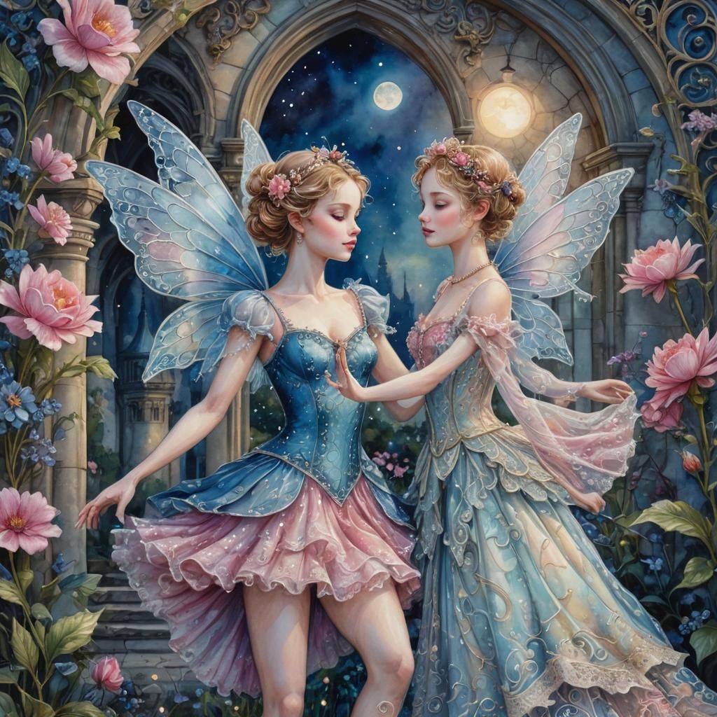 Fairies Dancing in Moonlight: Watercolor and Alcohol Ink