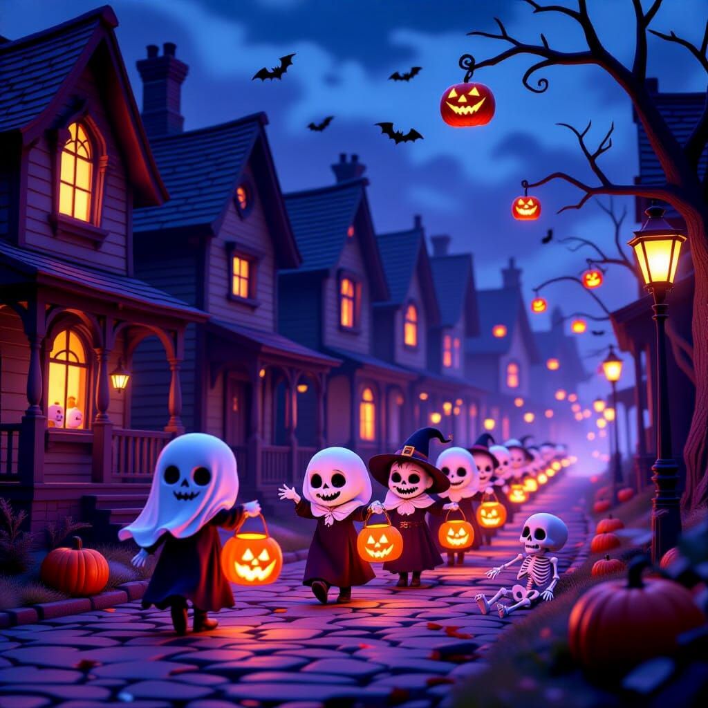 Halloween Village Parade with Ghost Kids and Flying Pumpkins