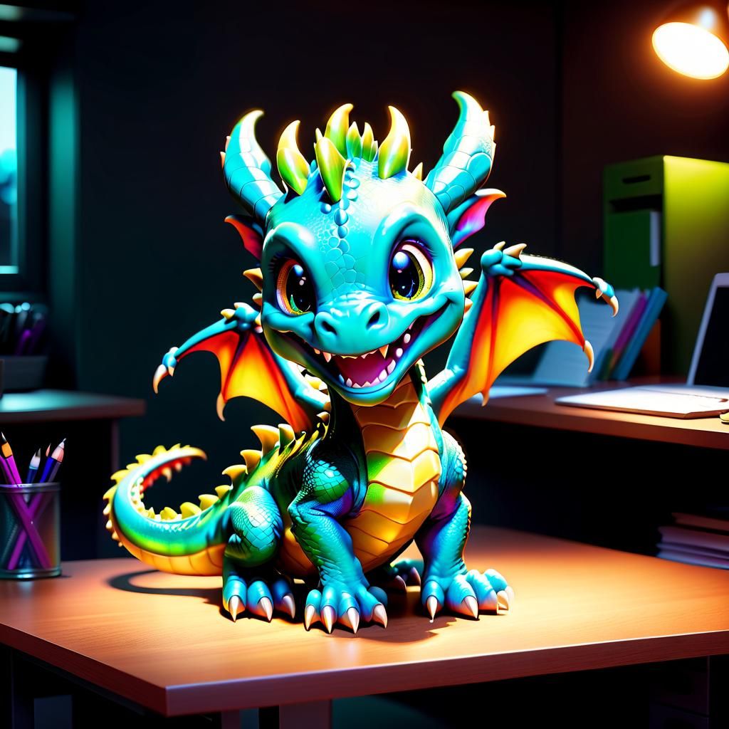 Cute Baby Dragon on a Desk with Dynamic Lighting