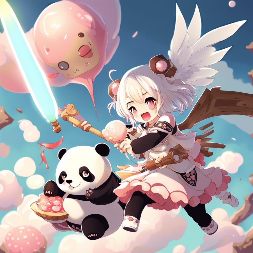 Anime Girl on Panda with Angel: Manga Style