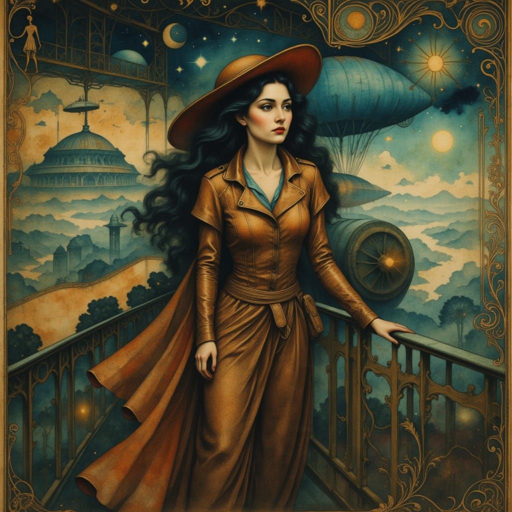 Elegant Woman on Zeppelin at Twilight