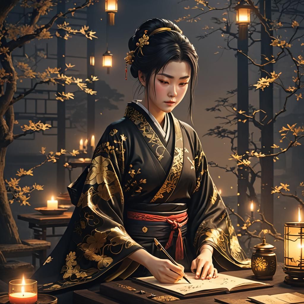 Geisha Writing Letter by Candlelight, Digital Art