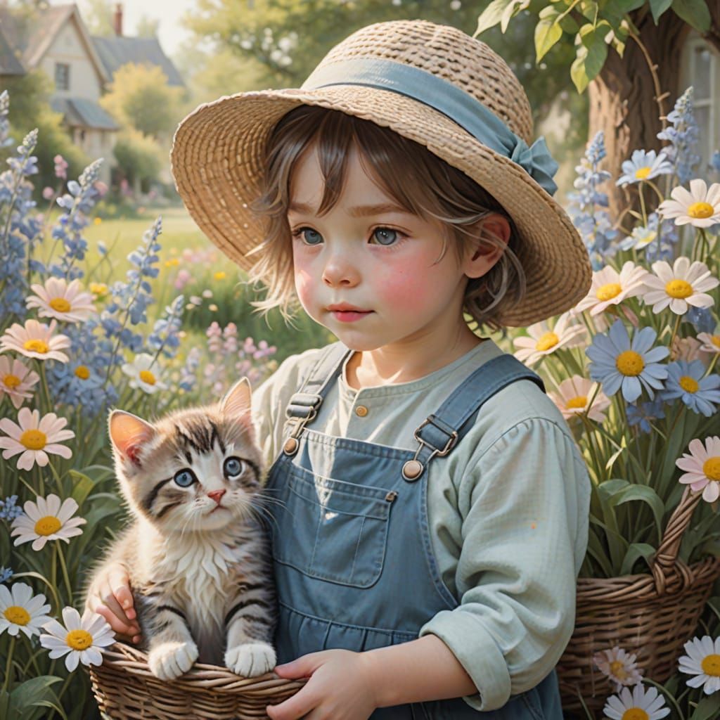 Whimsical Chalk Painting of Boy and Kittens in Vintage Style