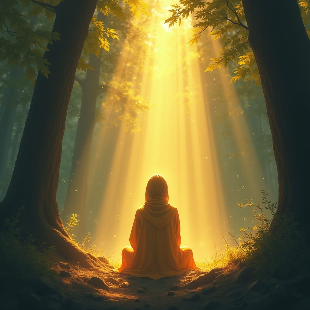 Golden Aura in Sunlit Forest Clearing