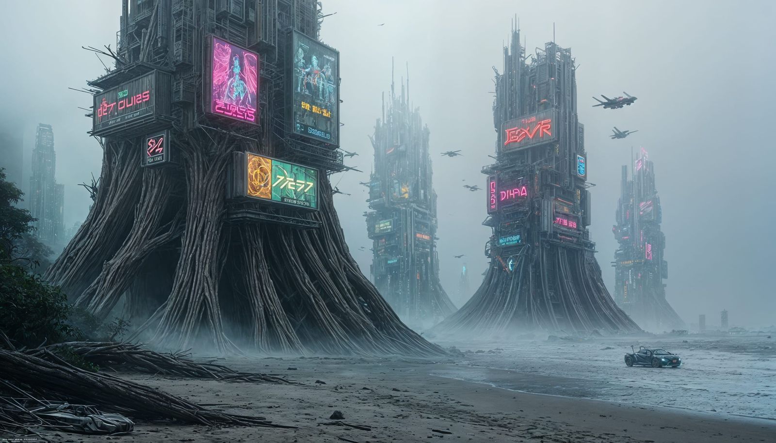 Cyberpunk Double Exposure: Beach of City-Trees