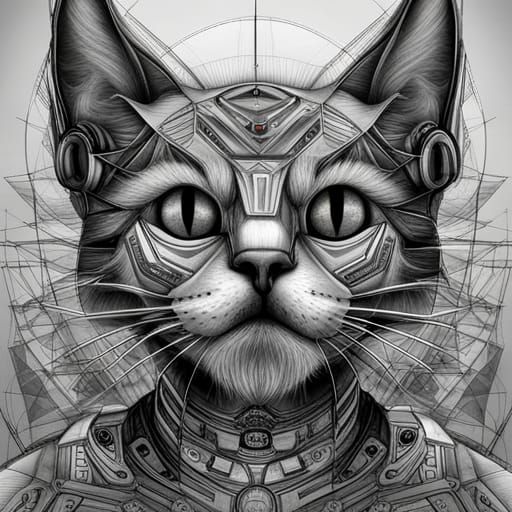 Detailed Schematics of a Cyborg Cat in Charcoal