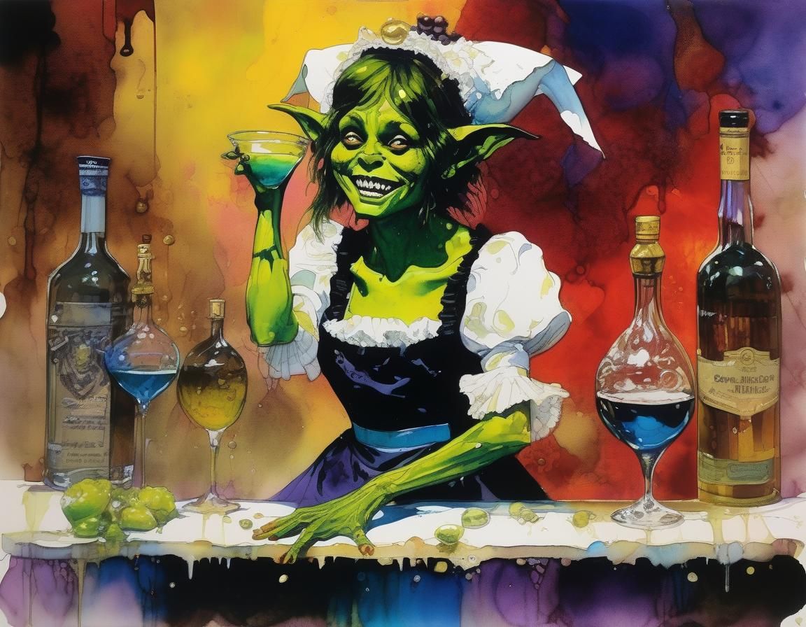 Goblin Maid in Bar: Saturated Alcohol Ink Art