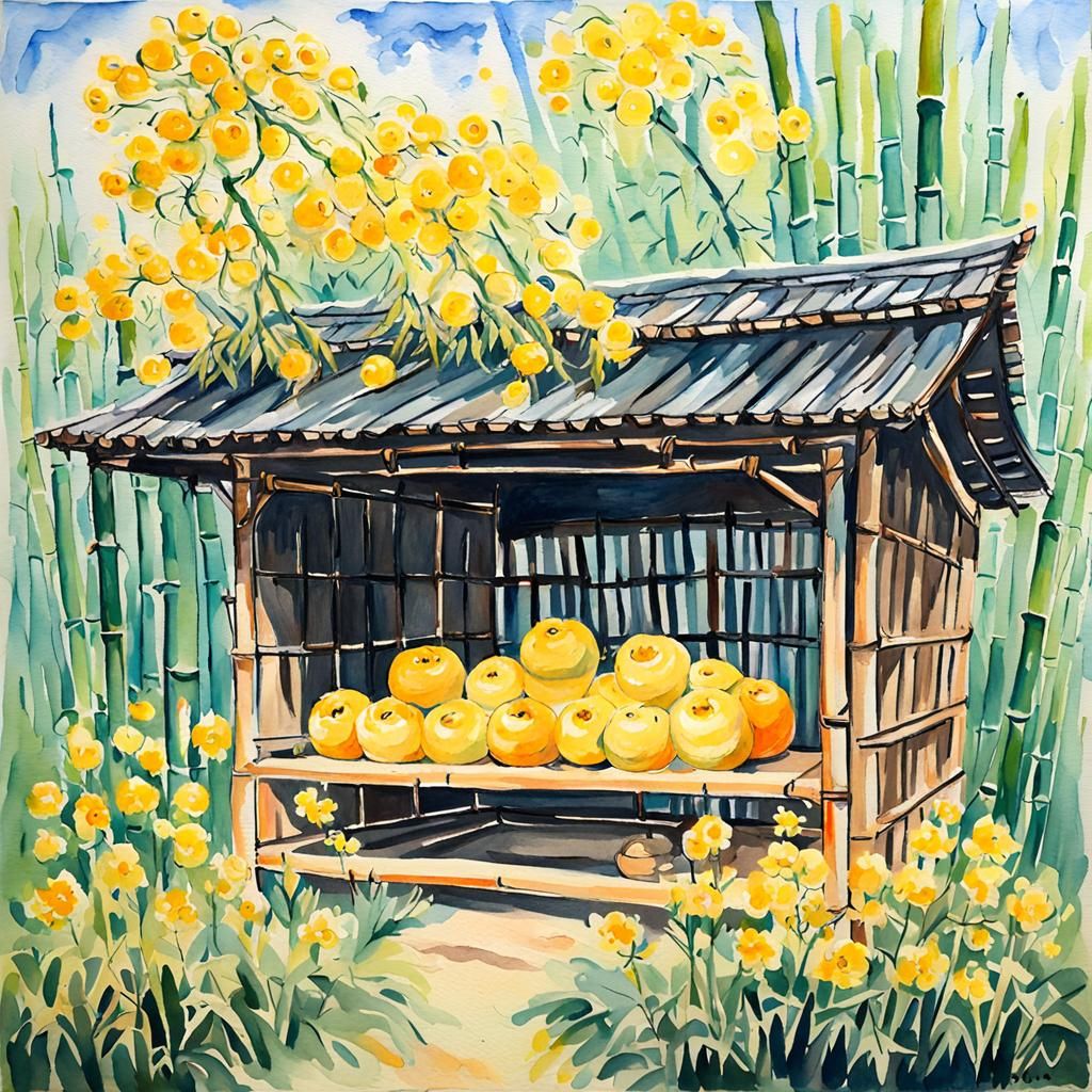 Lush Melon Shed in Gouache Watercolor Style