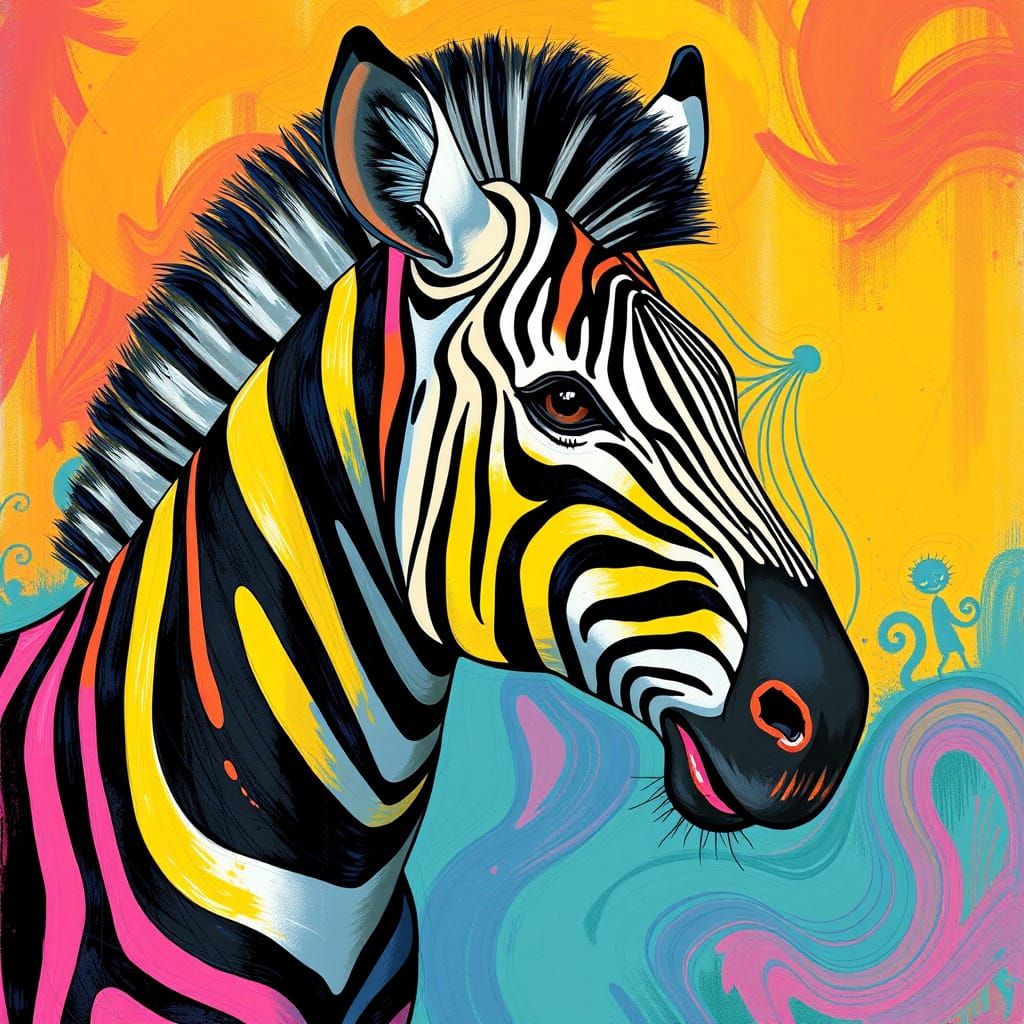 Vibrant Zebra with Swirling Stripes in Psychedelic Style