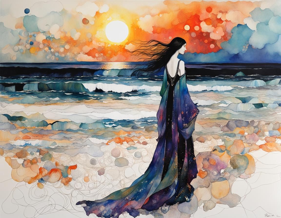 Brilliant Sunset Beach Scene, Illustrative Style