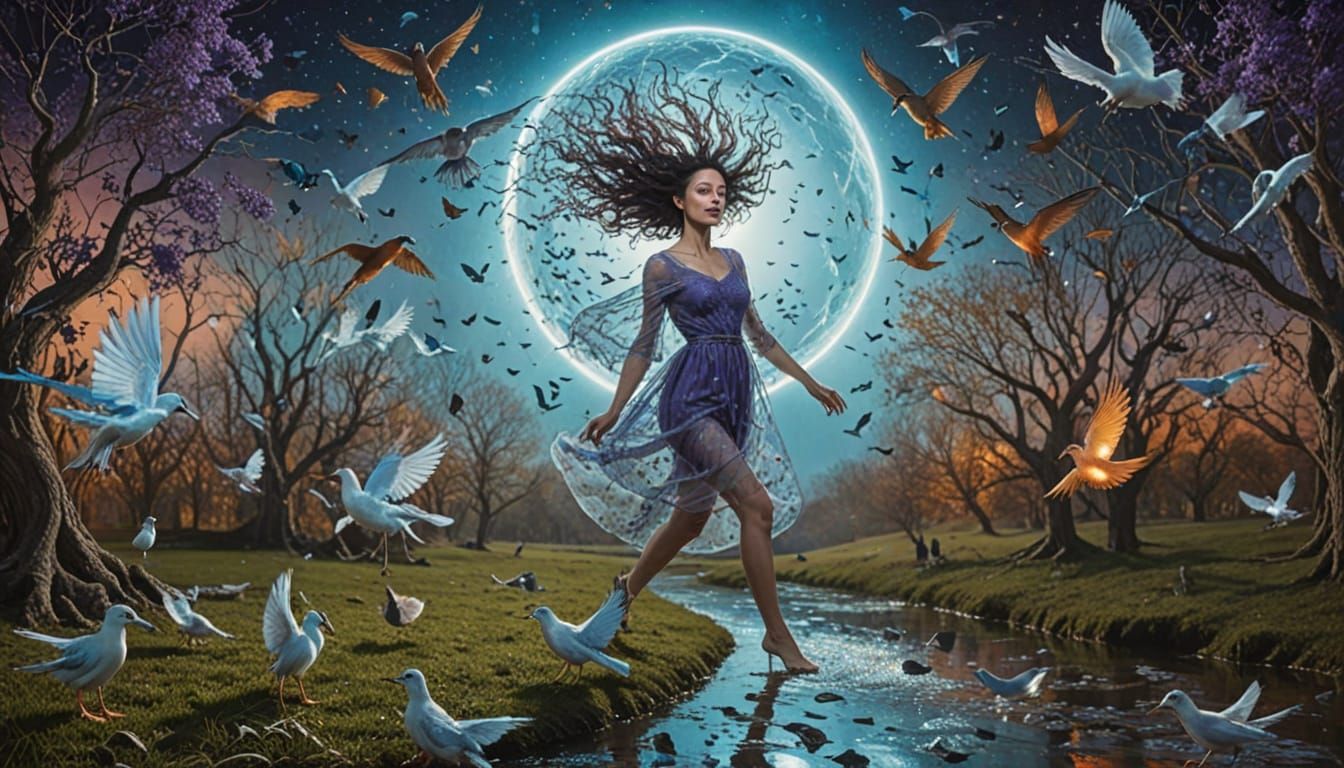 Woman Transforms into Birds Amidst Cosmic Energy