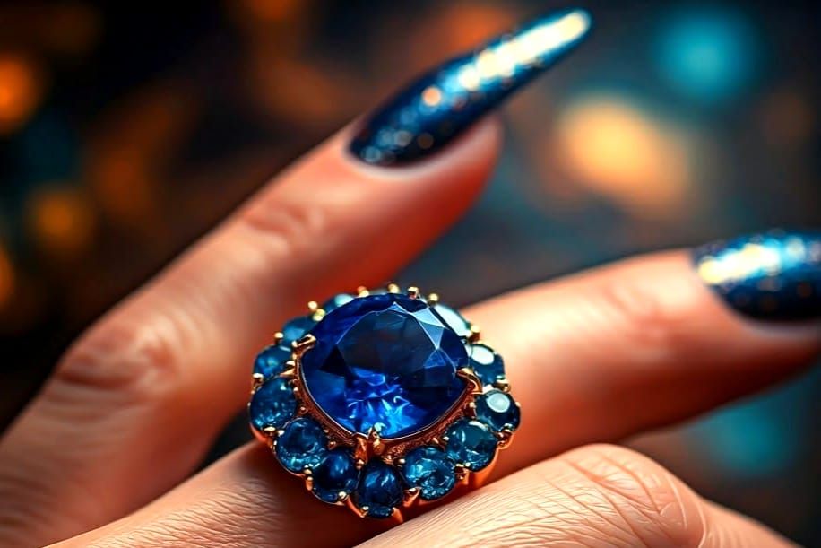 Sapphire and Tourmaline Ring Close-Up, High-Resolution Photo