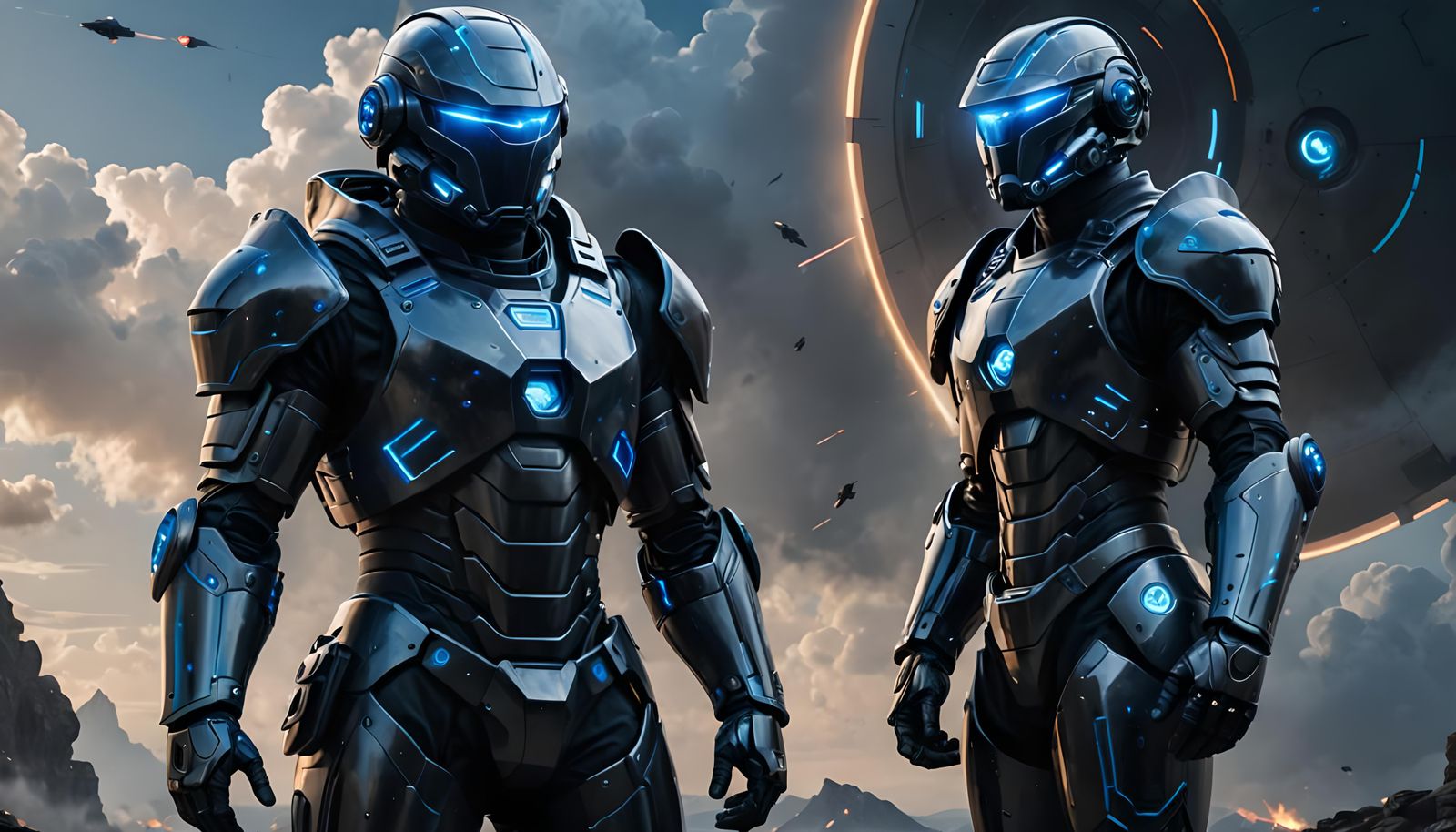 Futuristic Soldier in Advanced Armor near Energy Portal