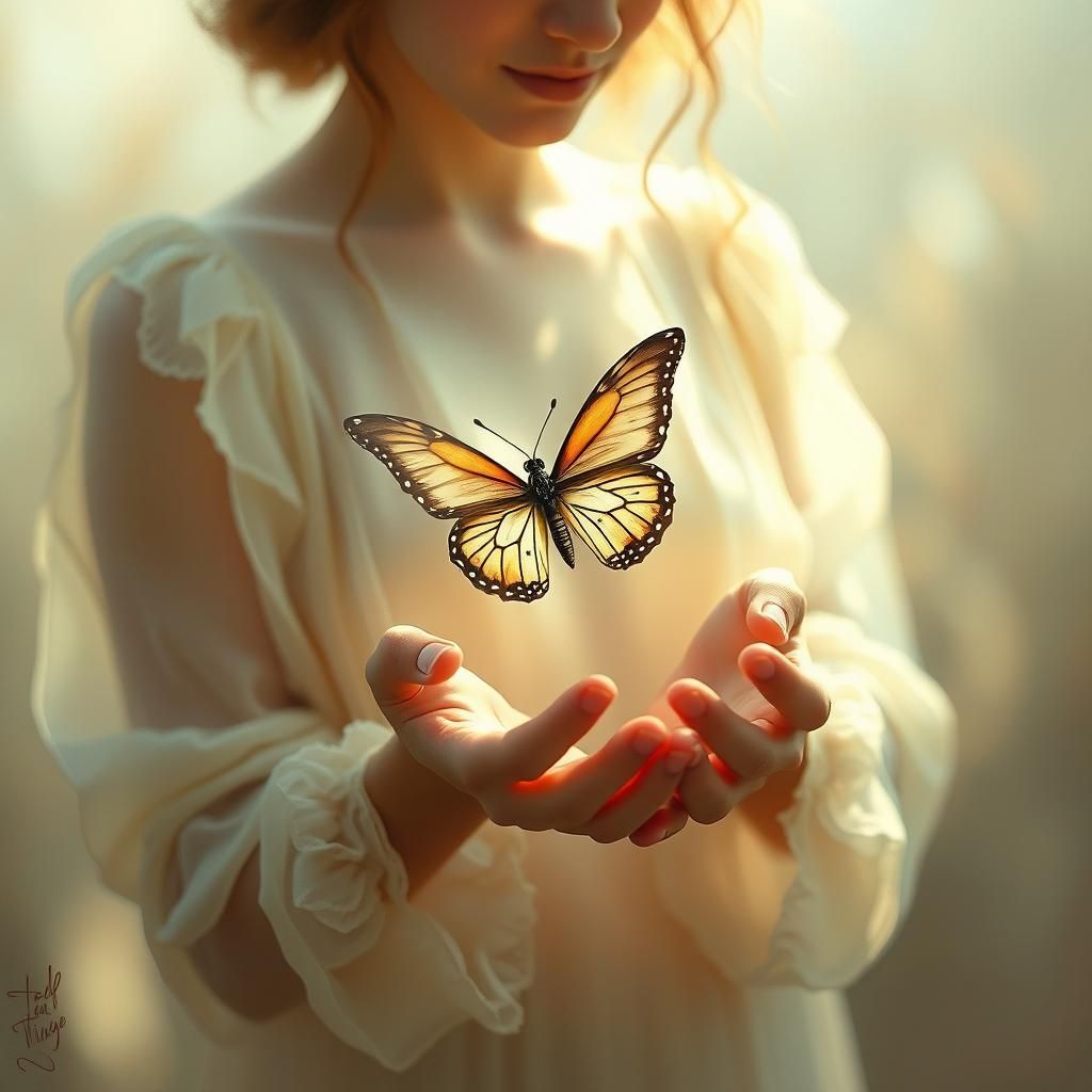 Ethereal Woman with Butterfly in Surreal Style