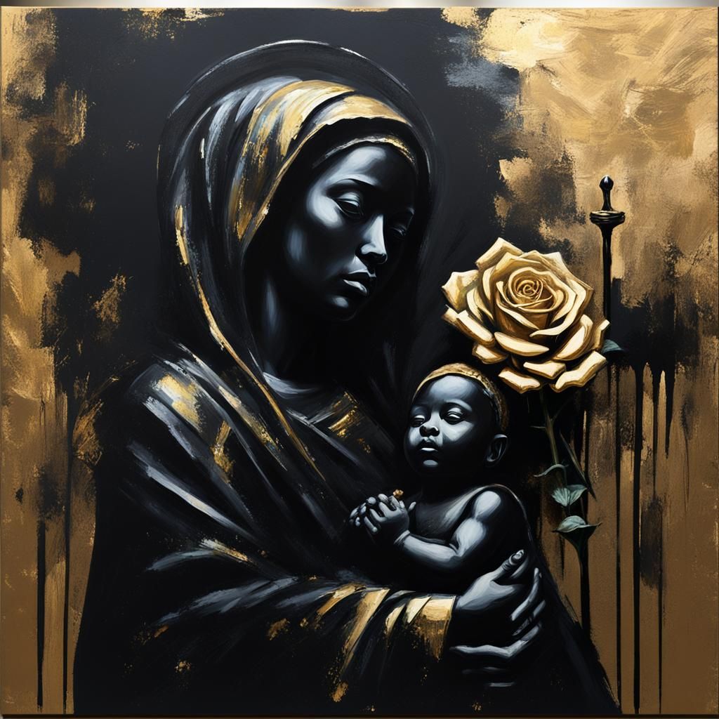 Black Madonna with Rose-Sword: Grunge Style Painting