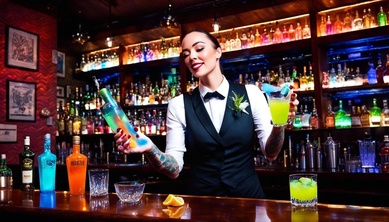 Energetic Bartender Juggling Bottles in a Neon Bar