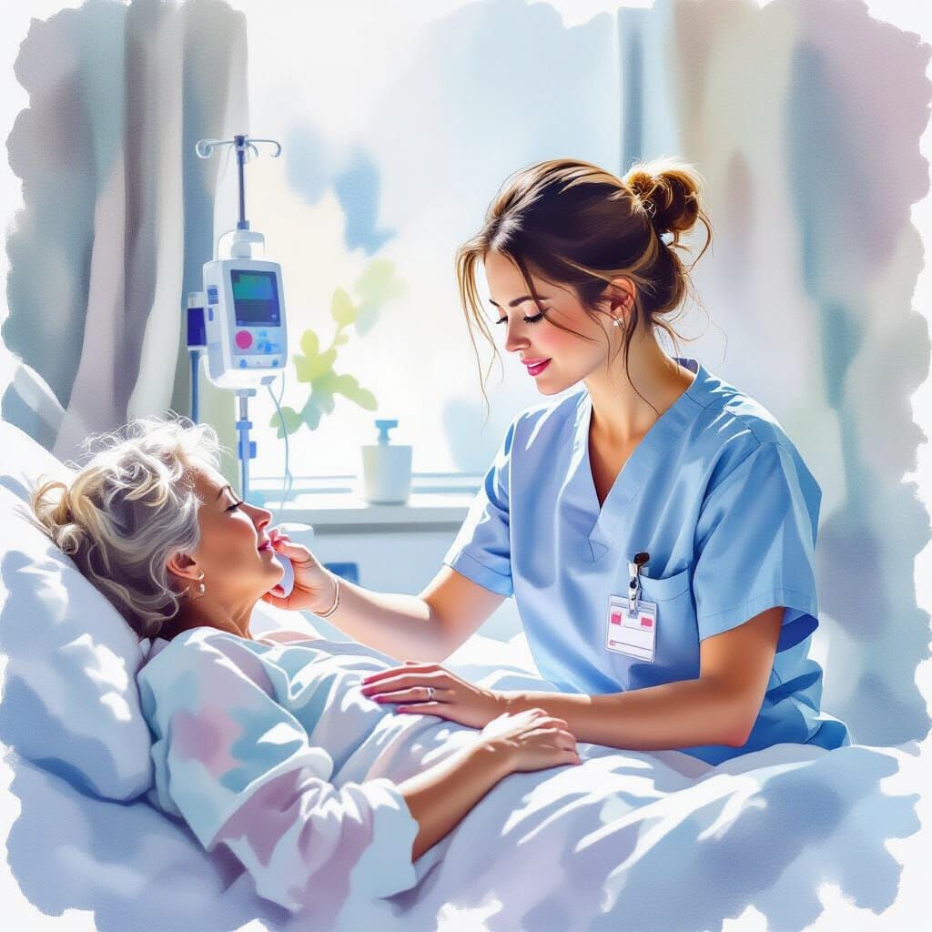 Expressive Watercolor of Nurse Taking Patient Temperature